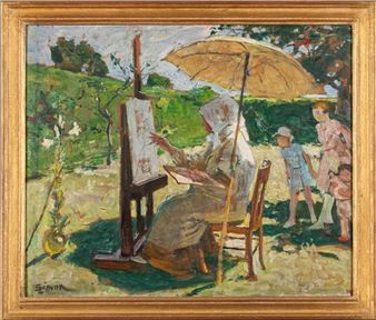 Woman painter at her easel in a garden - Lucien Joseph Simon