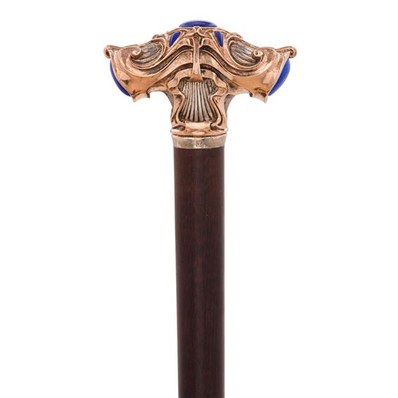 AN AUSTRO-HUNGARIAN JUGENDSTIL LAPIS LAZULI INSET GOLD-PLATED SILVER CANE - Otto Prutscher