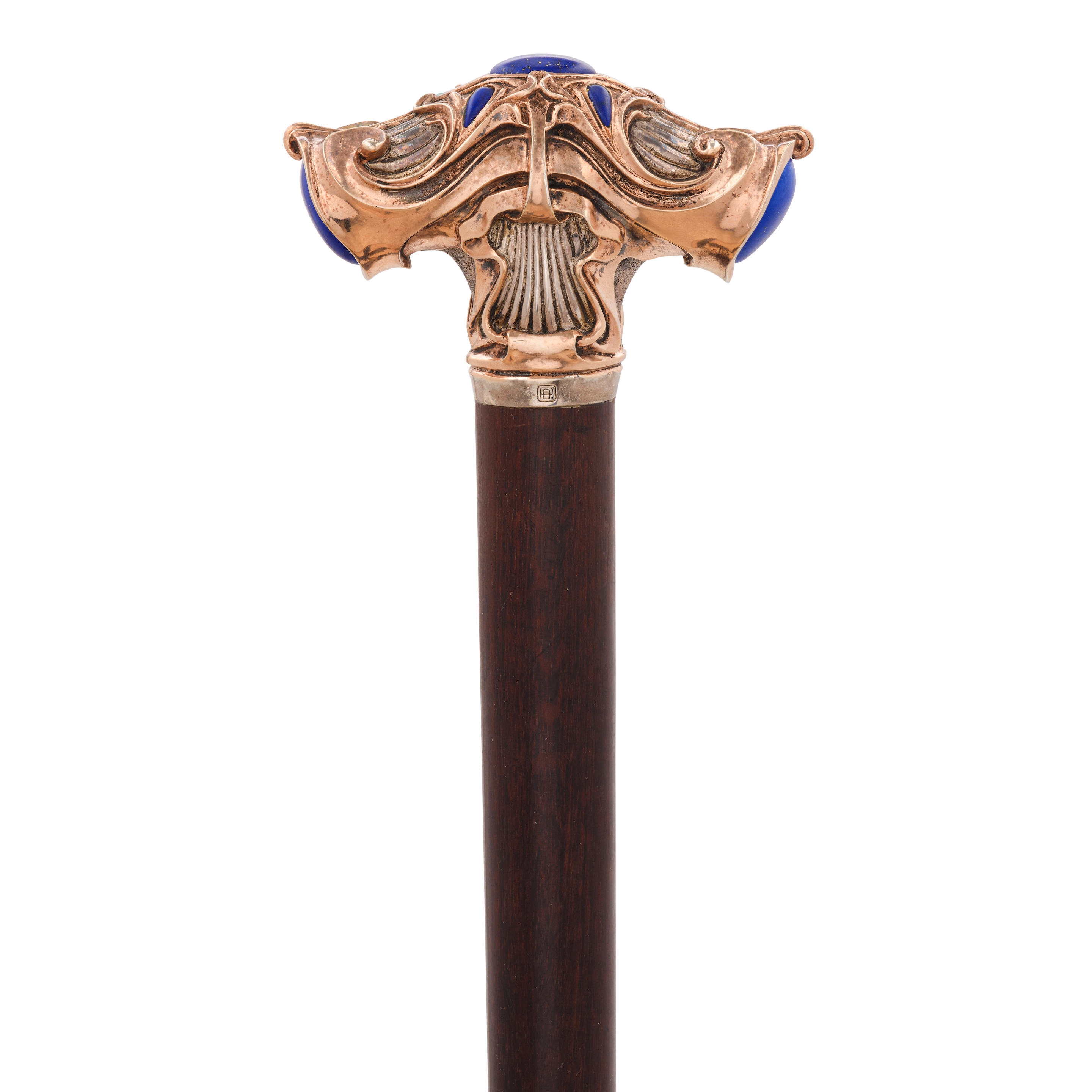 Artwork by Otto Prutscher, AN AUSTRO-HUNGARIAN JUGENDSTIL LAPIS LAZULI INSET GOLD-PLATED SILVER CANE, Made of GOLD-PLATED SILVER , silver overlaid with gold-plated silver and inset lapis lazuli at the top and terminals on a snakewood shaft with a metal ferrule