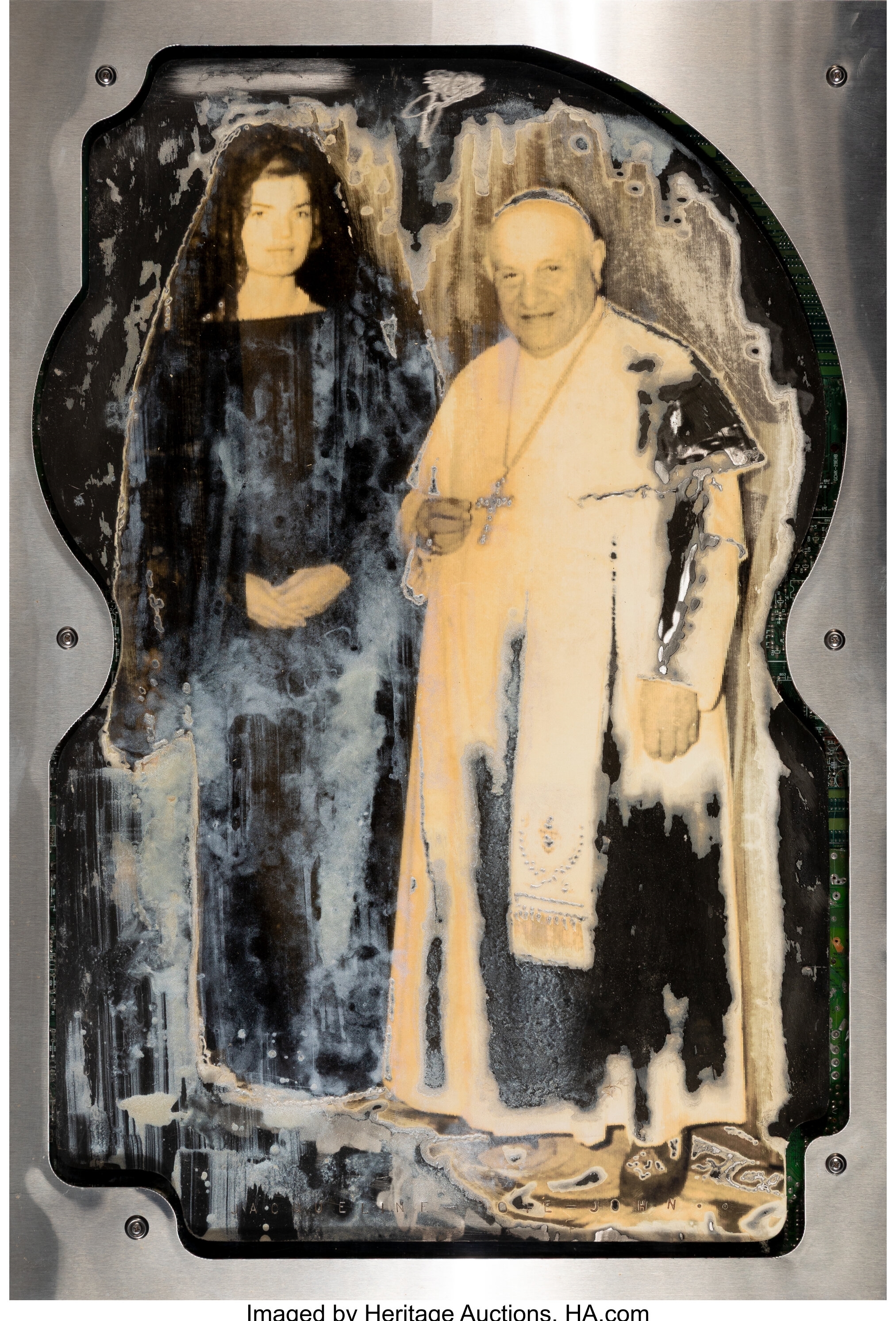 A textured artwork featuring a robed figure and a dark-haired figure standing side by side.