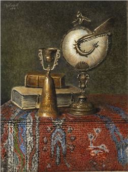Stillleben mit Nautiluspokal, Hochzeitsbecher und Büchern - Max Schödl