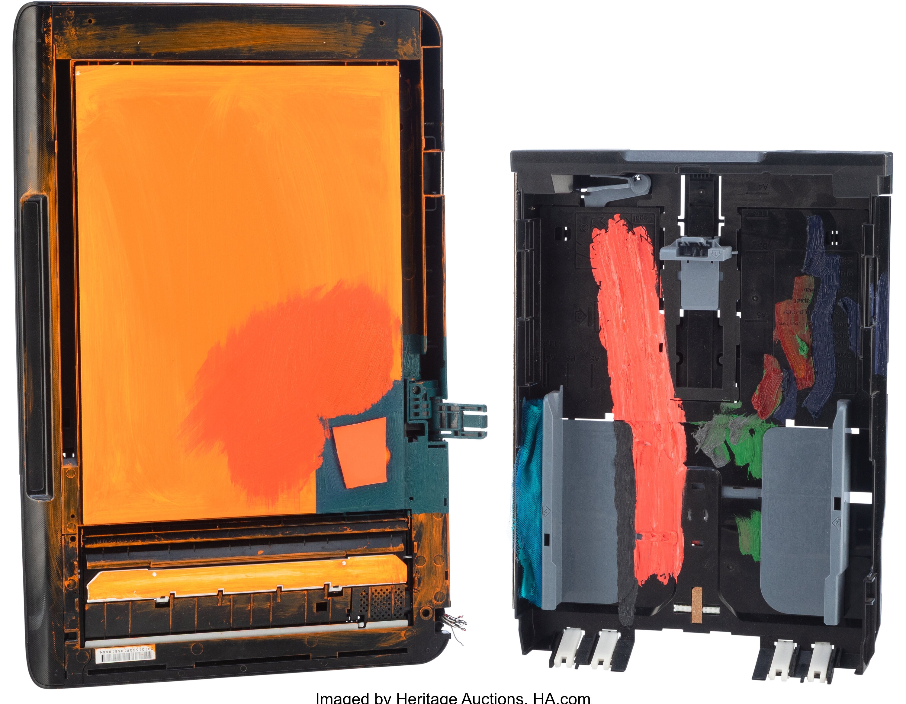 Artwork by Jessica Stockholder, Carr's Landscape Green (pair), Made of Oil paint and fluorescent vinyl on scanner cover and printer paper tray