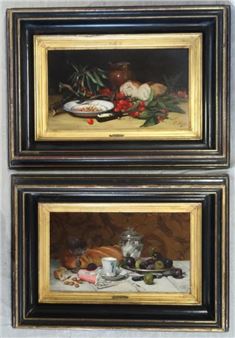 A pair of framed still life paintings depicting rustic food arrangements.
