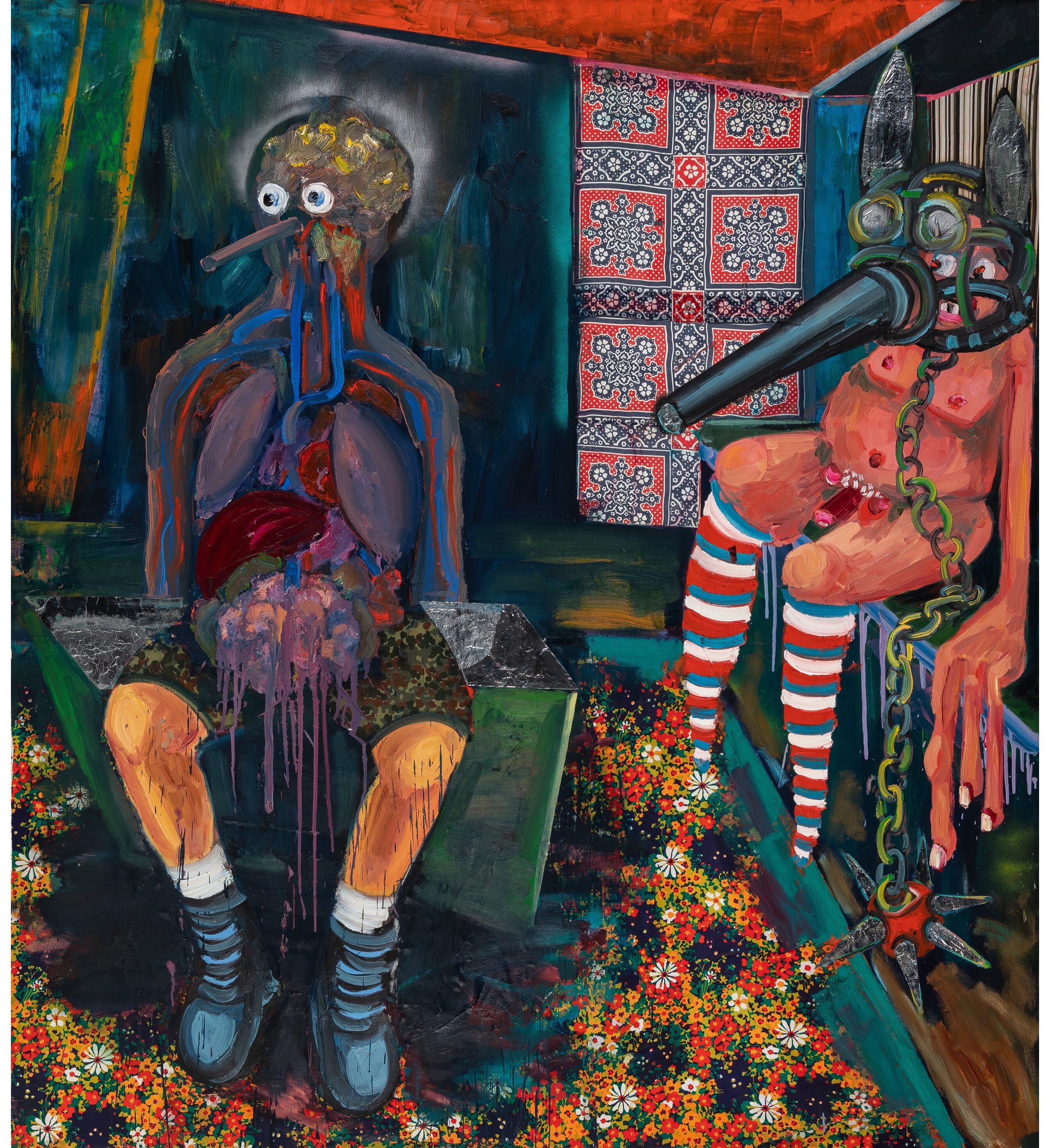 A surreal interior scene featuring two grotesque figures amidst a chaotic, flower-filled floor.