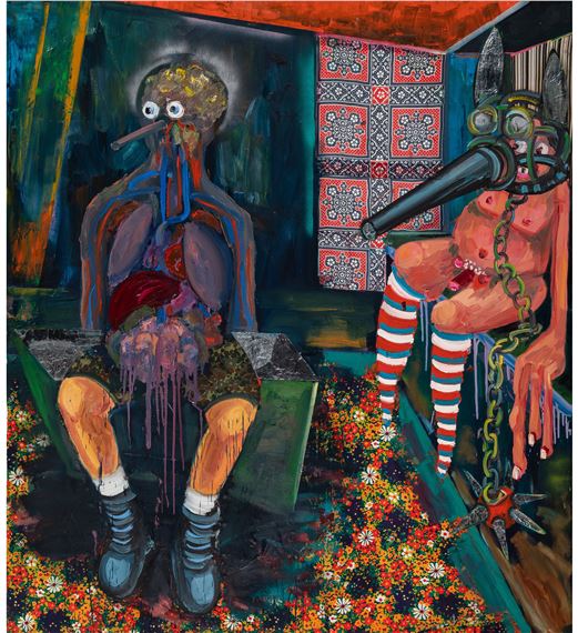 A surreal interior scene featuring two grotesque figures amidst a chaotic, flower-filled floor.
