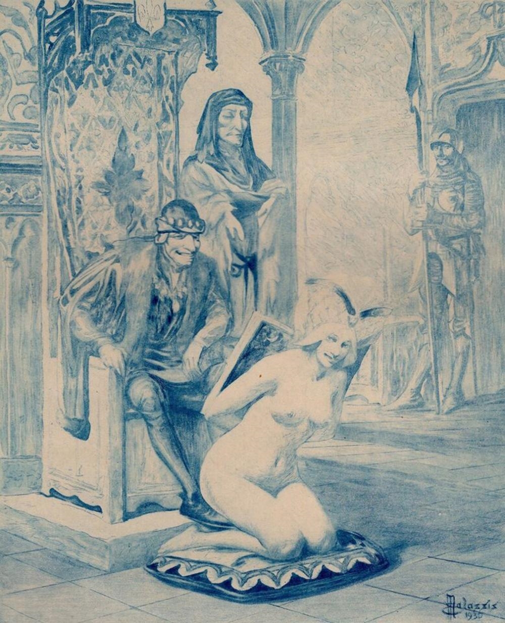 Artwork by Edmond Malassis, The Gift, Made of Copper Plate Engraving In Blue Ink On Velin Paper