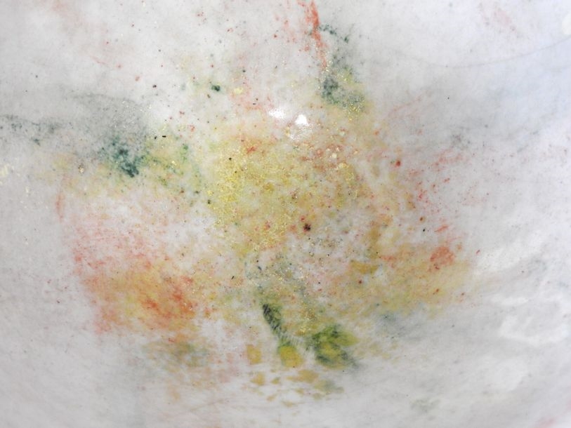 Artwork by Gisèle Buthod-Garçon, Raku bowl and frame, multicolored interior on white background, Made of Raku