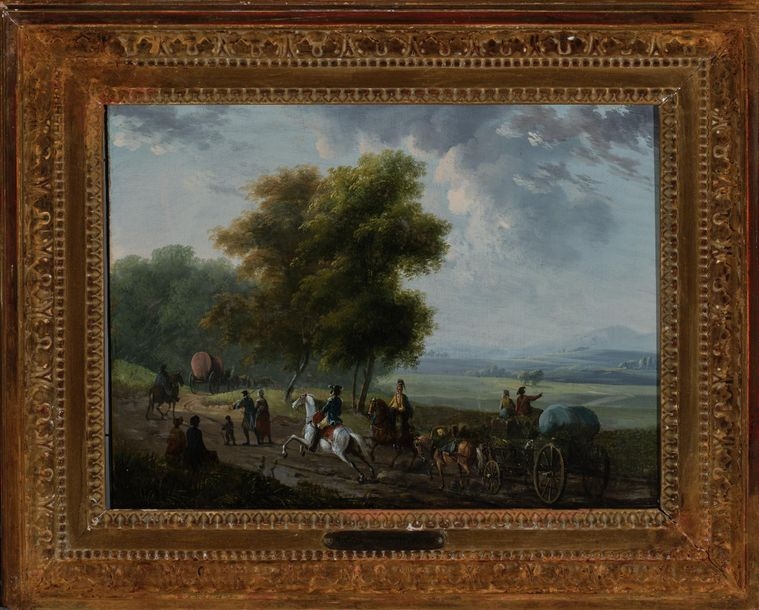 Artwork by Jean Duplessis-Bertaux, Hussars and their families following the troop route, Made of Oil paintings on panel (2)