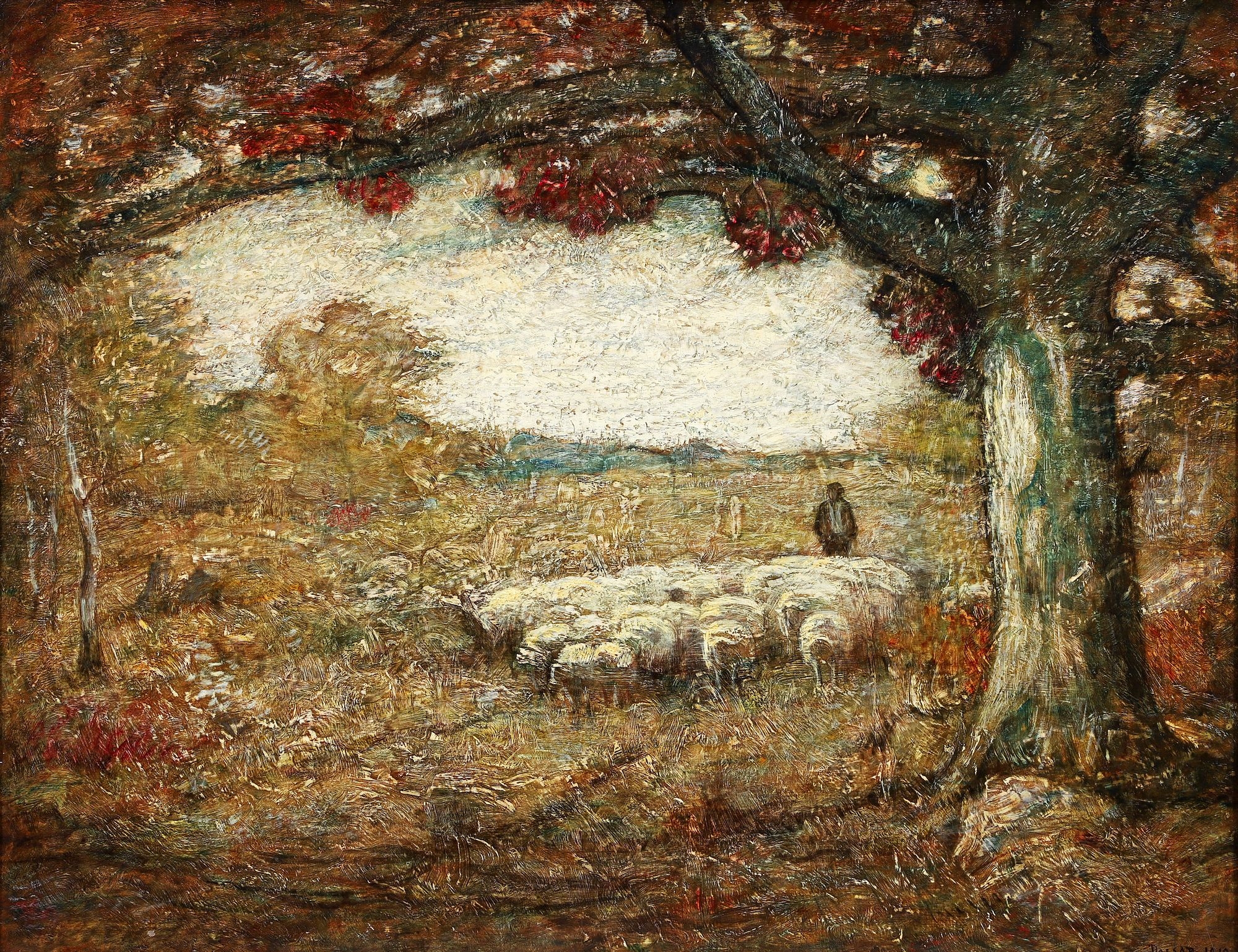 Louis Paul Dessar | Shepherd with Sheep Under Tree (1910) | MutualArt