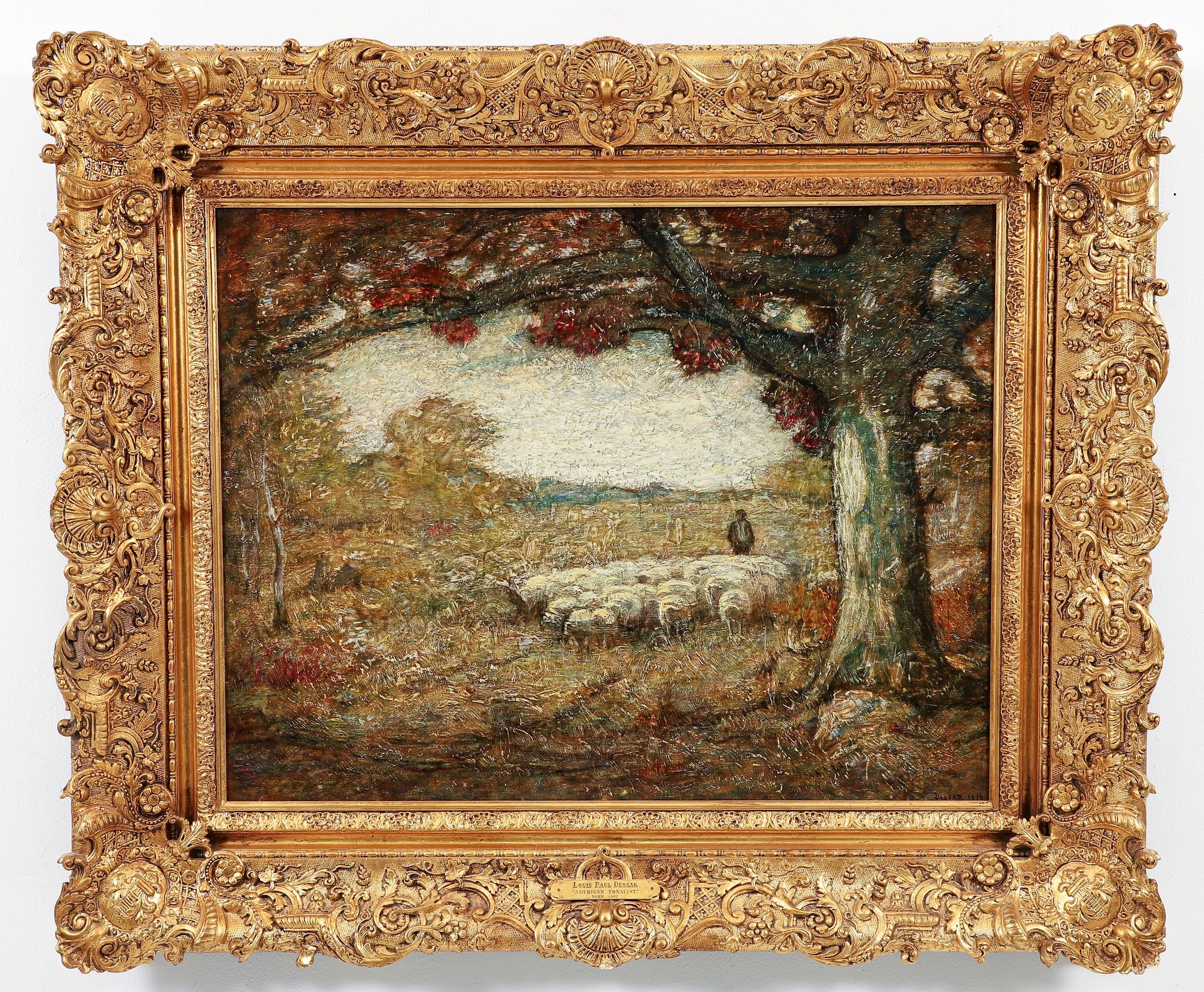 Louis Paul Dessar | Shepherd with Sheep Under Tree (1910) | MutualArt