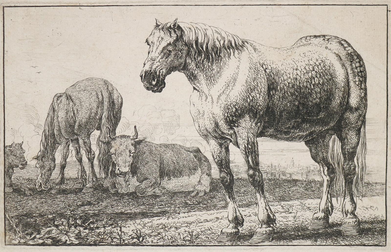 Artwork by Jan Frans van Den Hecke, Zwei Pferde mit 2 Rindern, Made of etching