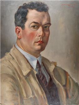 Selbstbildnis mit Schlips, Weste u. Mantel oder Kittel - August Hirsching