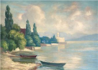 Blick auf eine Uferpartie mit Bäumen, mittig re. Schloss Montfort - August Hirsching