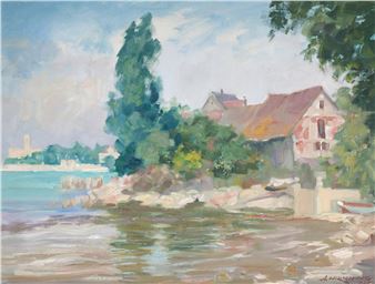 Blick auf eine Uferpartie mit Häusern, im Hintergrund li. Schloss Montfort - August Hirsching