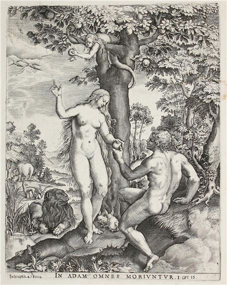 In Adam omnes moriuntur. Adam u. Eva im Paradies, kurz vor dem Sündenfall - Jan Sadeler I