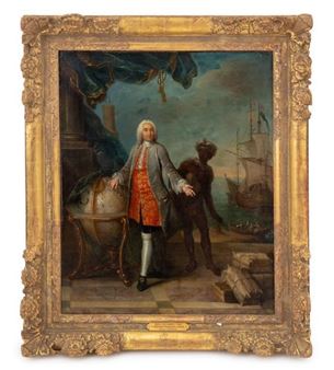 Merchant Standing by a Globe before a Harbour - Paul Villebois