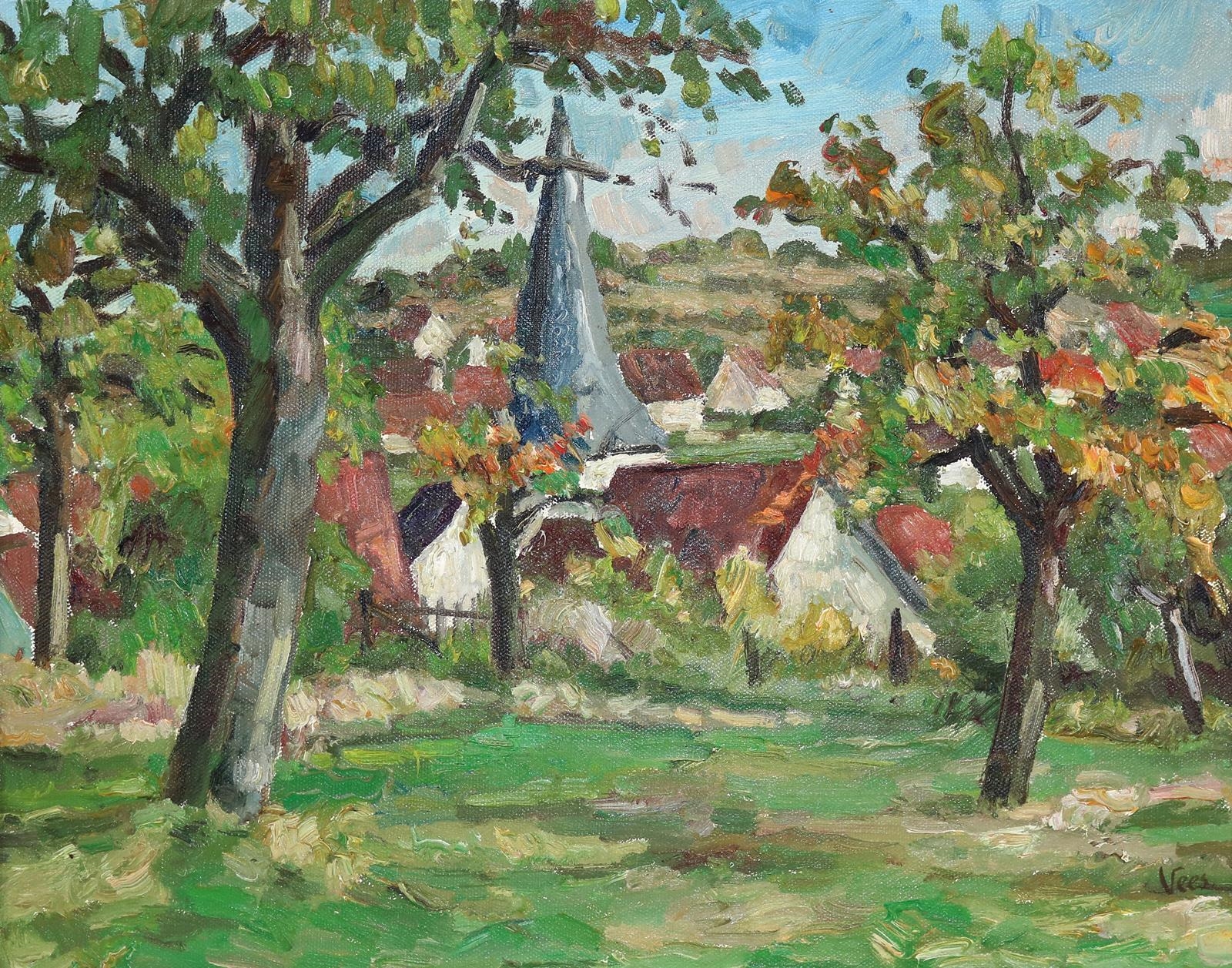 Artwork by Sepp Vees, Blick auf Weissach mit St. Ulrich. - Blick auf Flacht mit dem Turm von St. Laurentius, Made of Oil on canvas