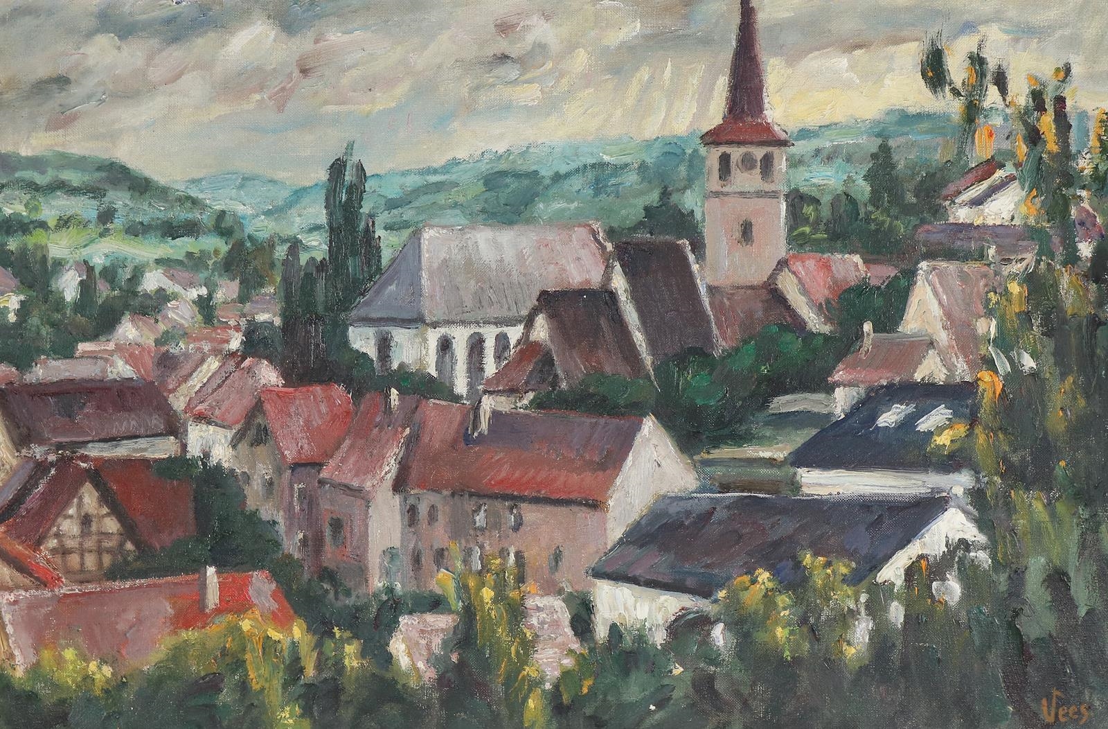 Artwork by Sepp Vees, Blick auf Weissach mit St. Ulrich. - Blick auf Flacht mit dem Turm von St. Laurentius, Made of Oil on canvas