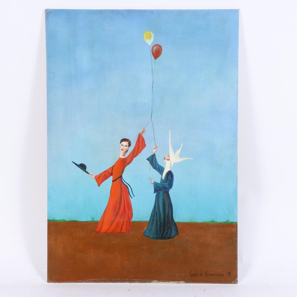 Artwork by Carlo Canevari, Untitled, two figures, Cardinal and Nun with Balloons, Made of Oil On Board