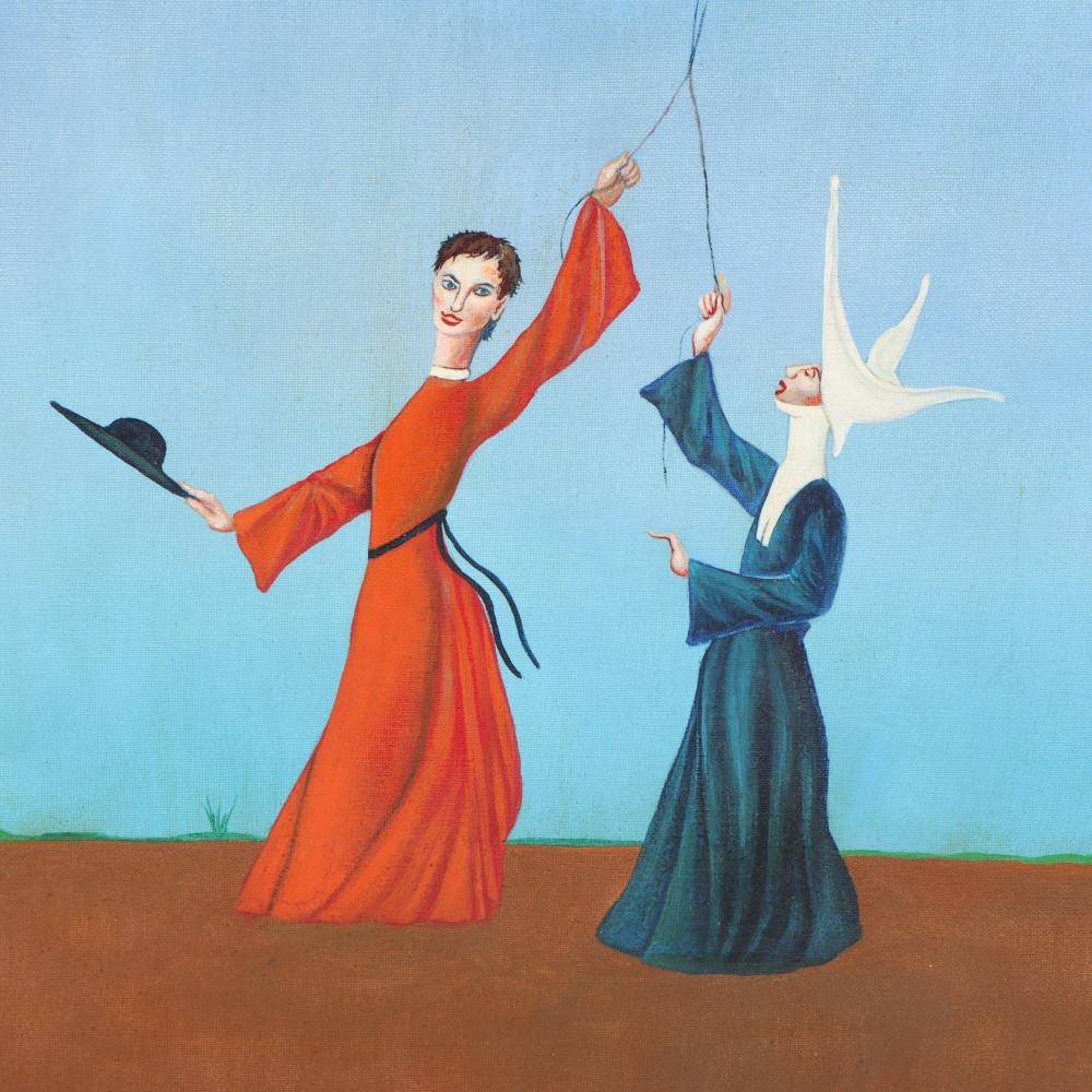Artwork by Carlo Canevari, Untitled, two figures, Cardinal and Nun with Balloons, Made of Oil On Board