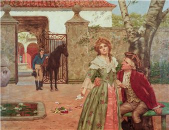 A romantic 19th-century painting of a couple in period dress sharing an intimate moment outside a stone gate.