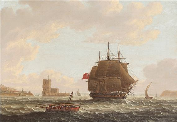 A British man of war and other shipping with Belem Castle in the distance - Thomas Buttersworth