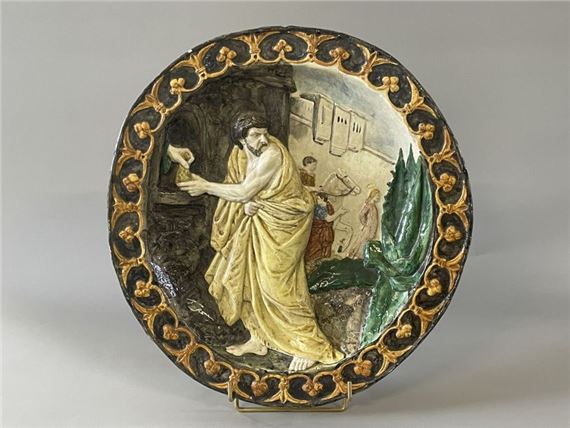 Claudet Max | enamelled stoneware dish representing a man recovering ...