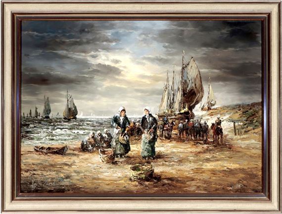 A dramatic seascape painting depicting a bustling fishing village scene with figures, boats, and horses under a moody sky.