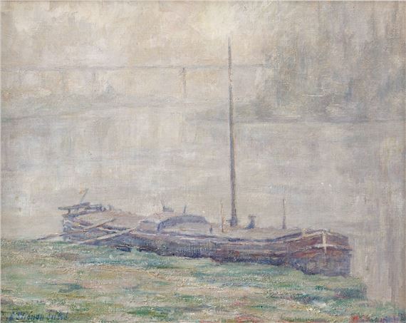 A muted, atmospheric seascape featuring a long fishing boat resting on a grassy shore.