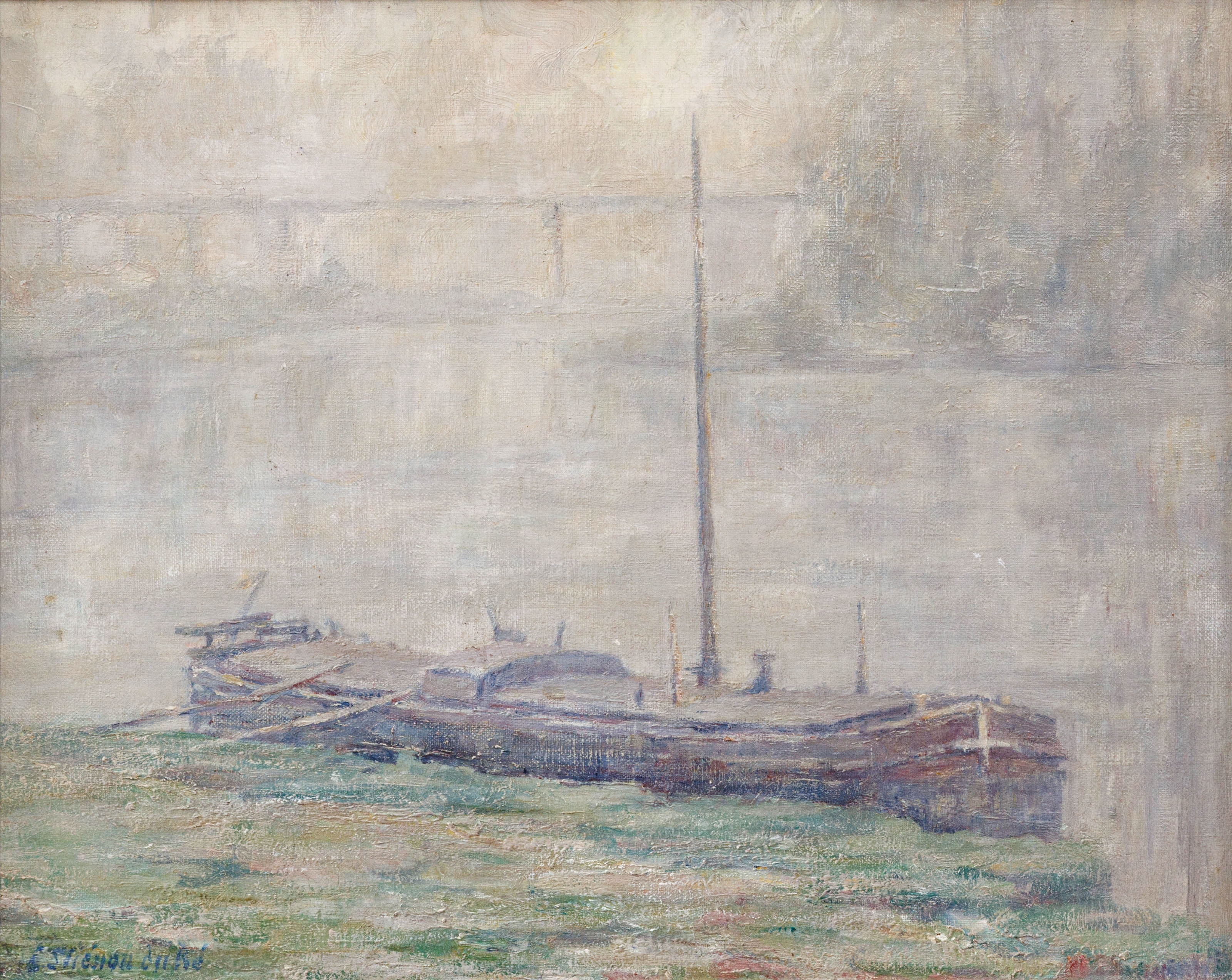 A muted, atmospheric seascape featuring a long fishing boat resting on a grassy shore.