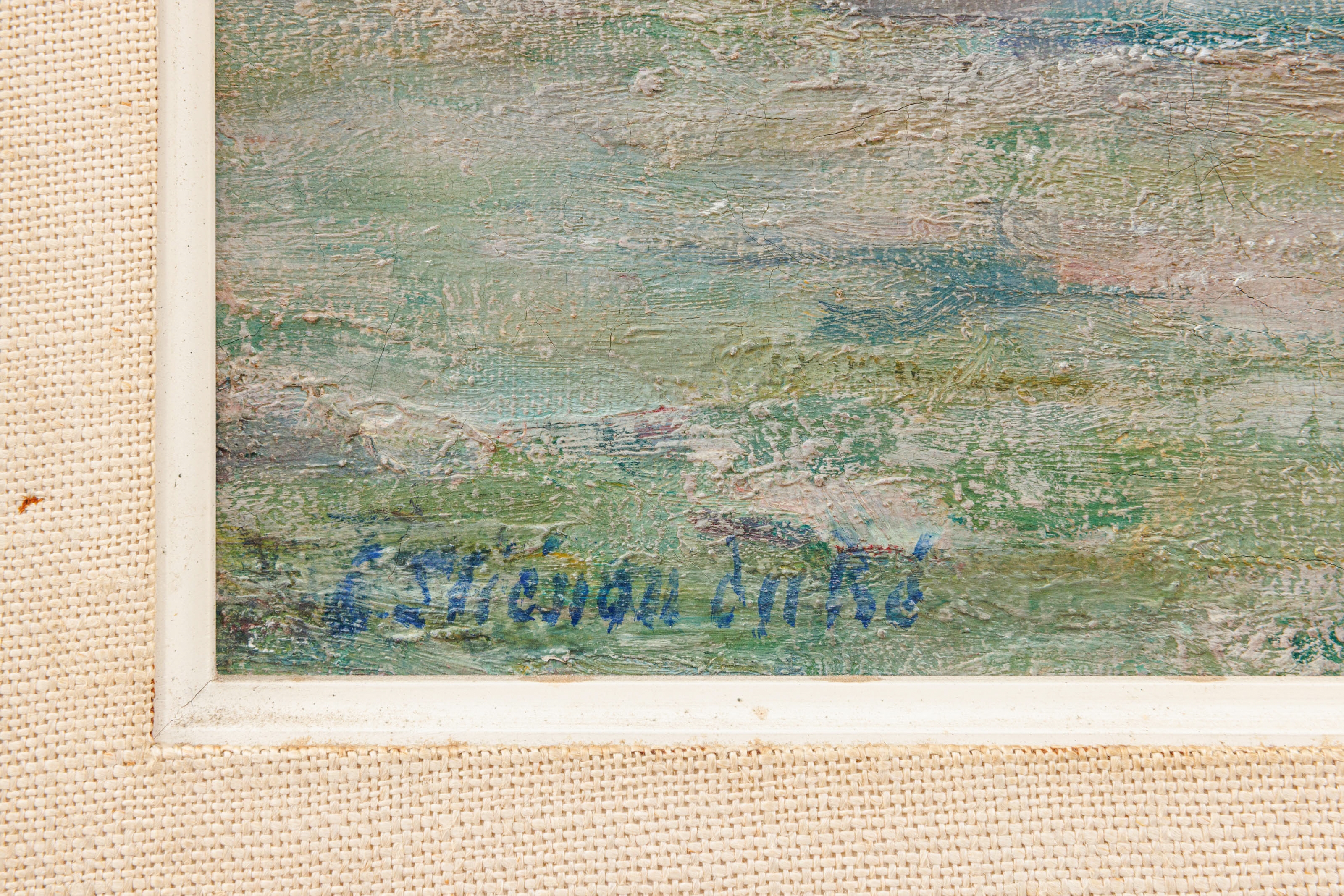 A muted, atmospheric seascape featuring a long fishing boat resting on a grassy shore.