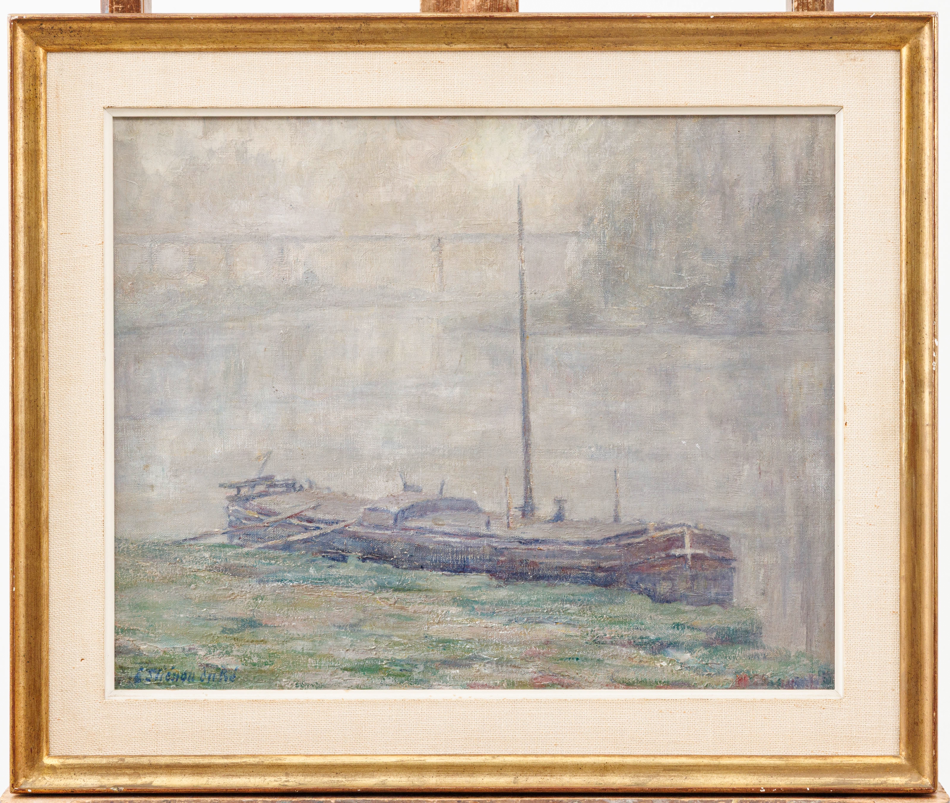 A muted, atmospheric seascape featuring a long fishing boat resting on a grassy shore.