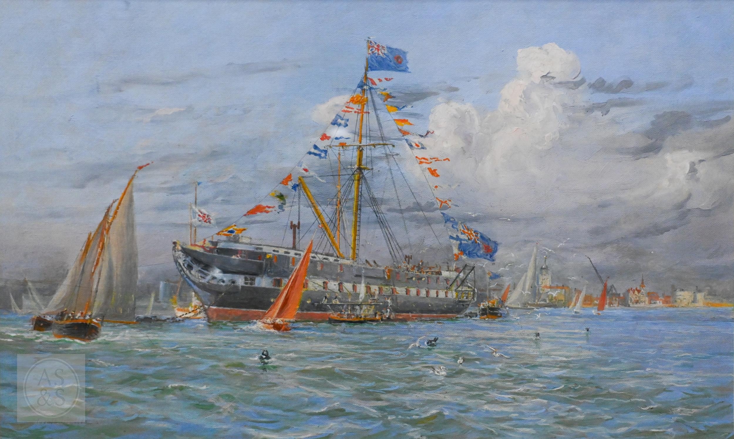 Artwork by Harold Wyllie, HMS Victory at anchor in Portsmouth Harbour, Made of Oil On Board