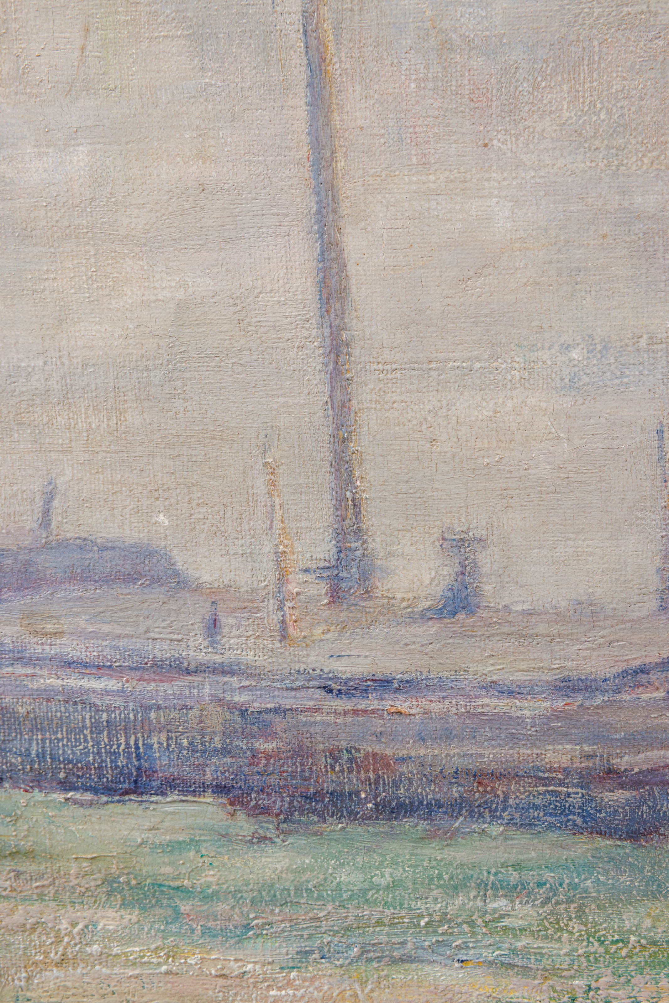 A muted, atmospheric seascape featuring a long fishing boat resting on a grassy shore.