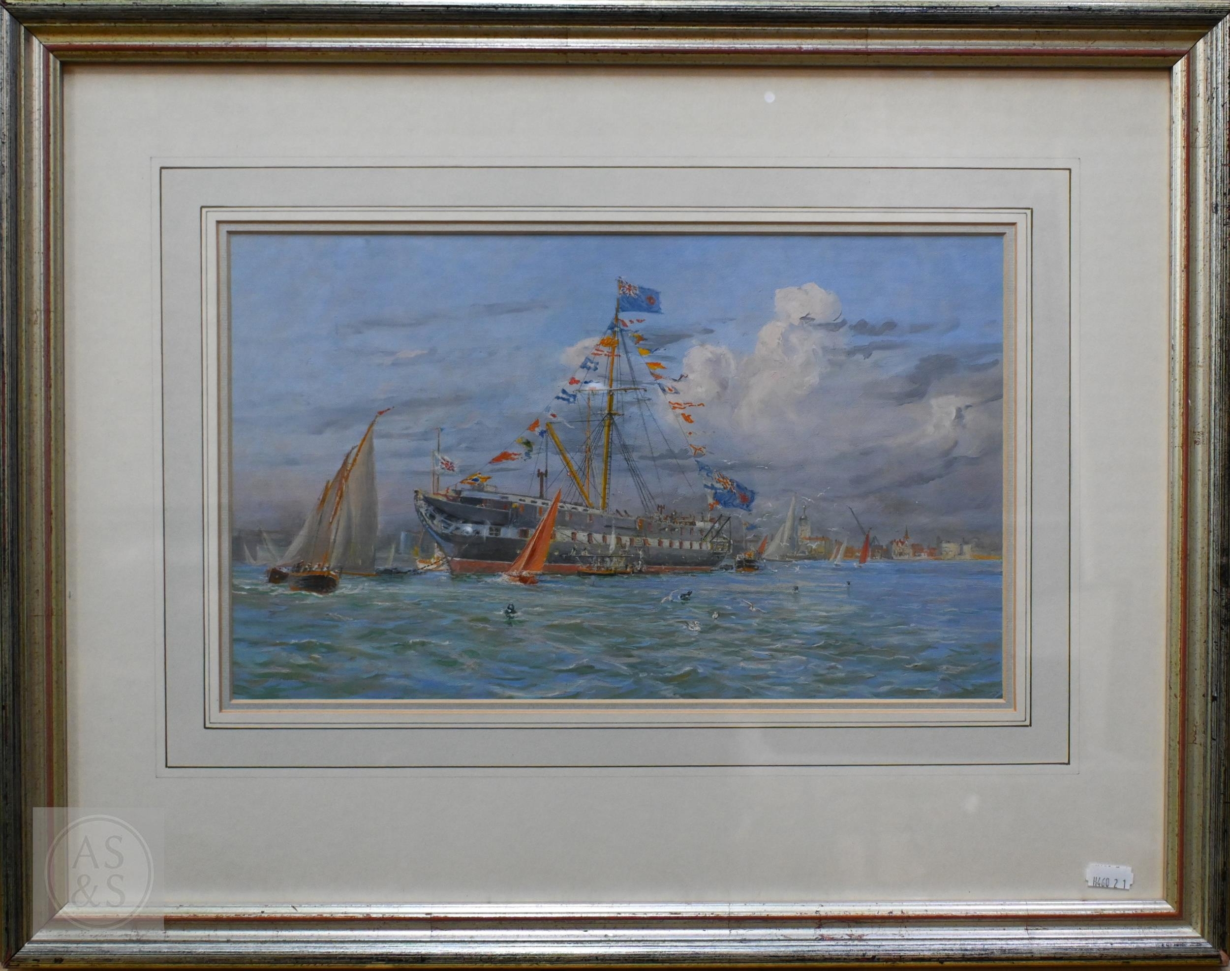 Artwork by Harold Wyllie, HMS Victory at anchor in Portsmouth Harbour, Made of Oil On Board