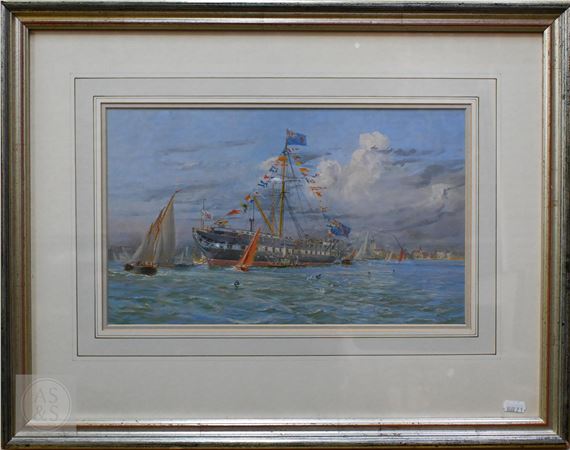HMS Victory at anchor in Portsmouth Harbour - Harold Wyllie