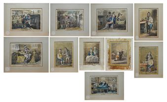 A collection of early 19th century hand-coloured Cruikshank engravings including Jealousy, Breathing a vein, Charming well again, Fast Asleep, Gentle Emetic, Taking Physick, The Cholic, The Head ache, Indigestion and The Blue Devils, all mounted - Collin J. Cruickshank
