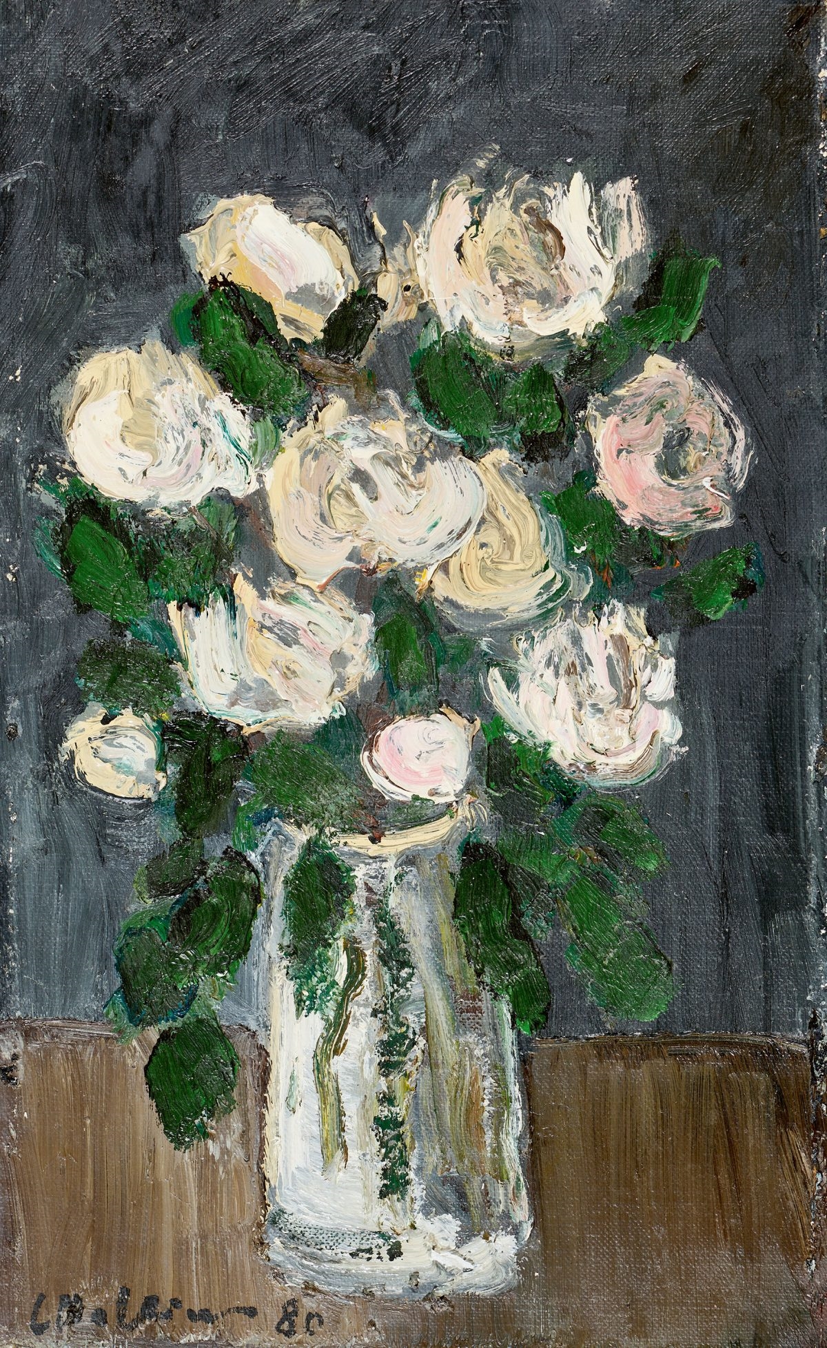 Artwork by Leopold Häfliger, Weisse Rosen in Glasbecher, Made of Oil on canvas