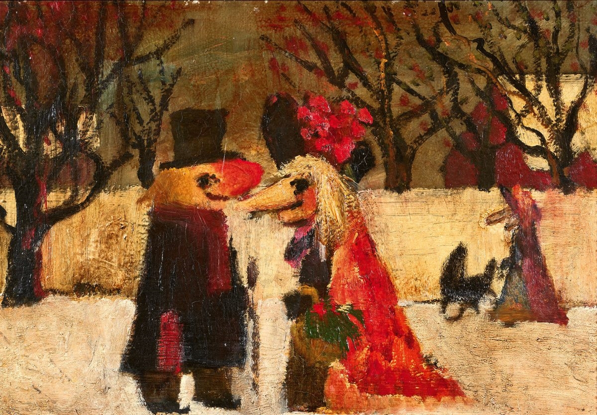 Artwork by Leopold Häfliger, Fasnachtsszene (Begegnung, Made of Oil on hardboard board