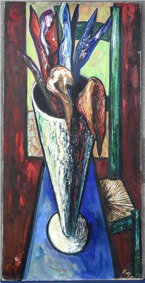 Abstract flowers in a conical vase by Rolf Hirschland, '67