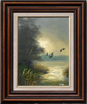 Wilde eenden bij zonsondergang - S. Leigh