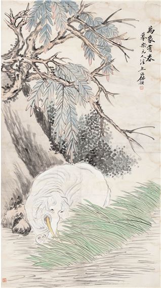 A serene ink painting of a white deer grazing peacefully under weeping willow branches.