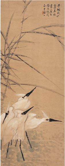 A traditional ink painting of three white birds resting near tall grass.