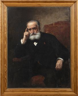 A formal portrait of an elderly man with a white beard, dressed in dark clothing and seated against a muted background.