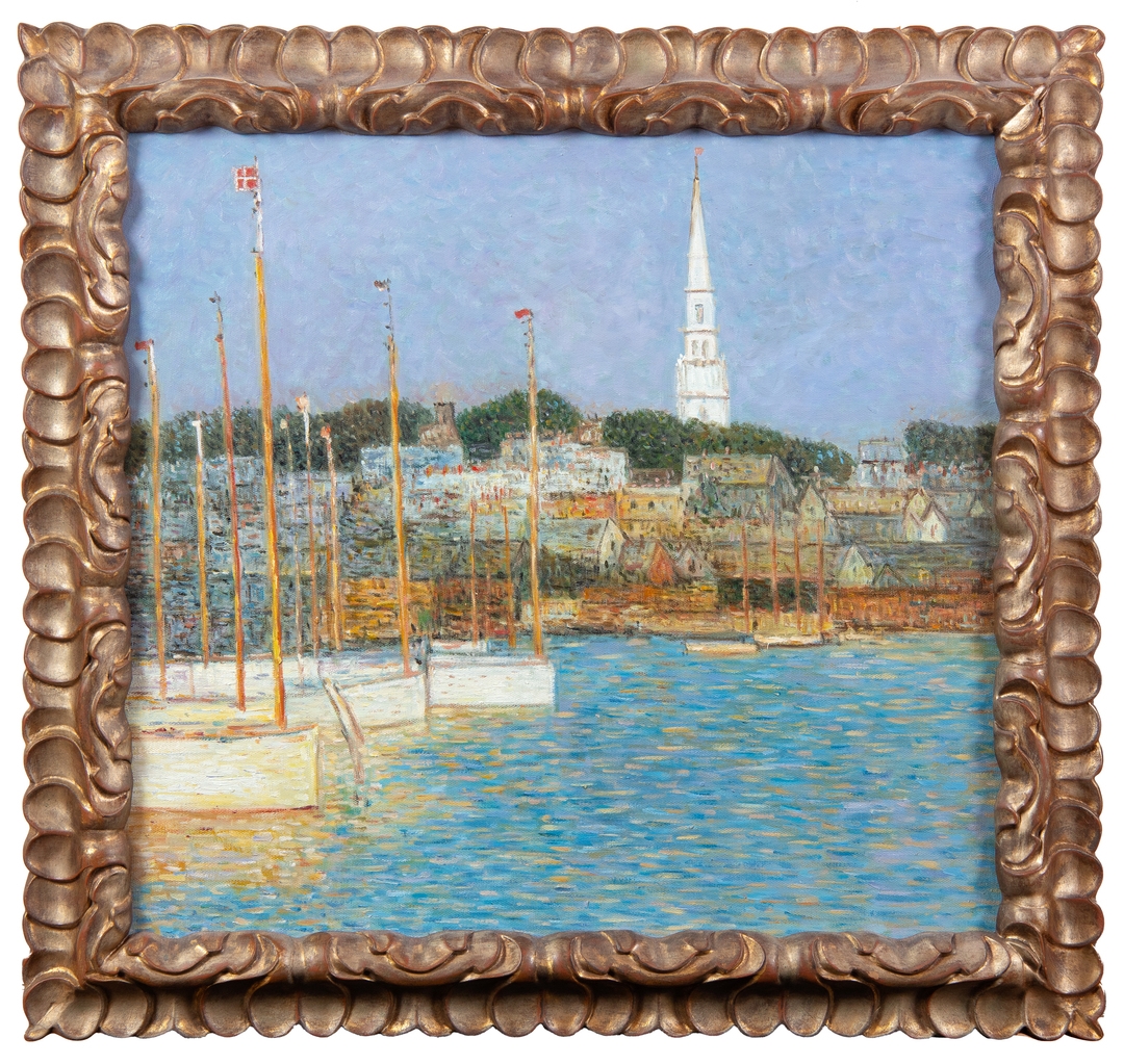 Artwork by Childe Hassam, The South Ledges" and "Cat boats, Made of Mixed media on canvas