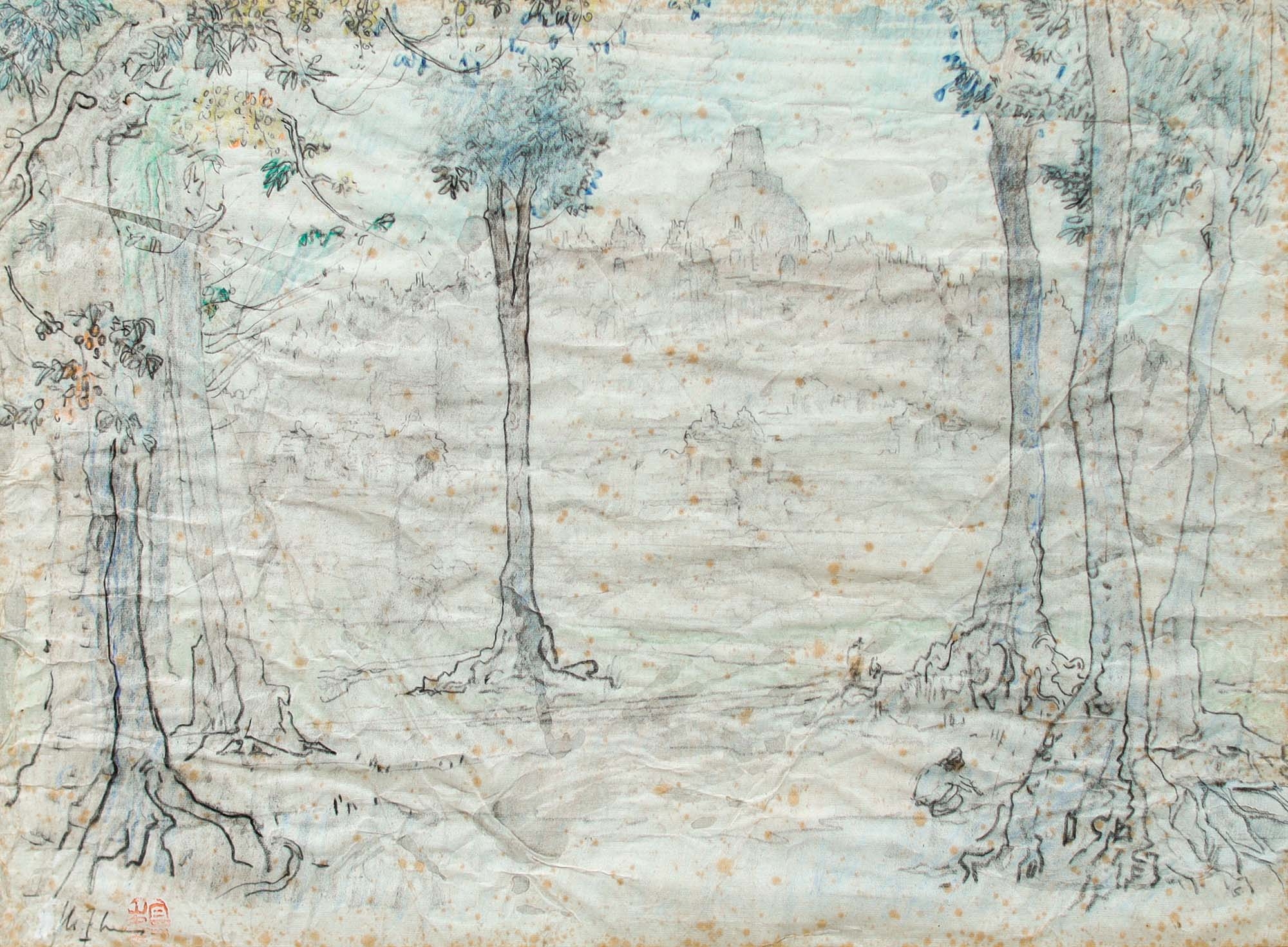 Artwork by Lee Man Fong, Borobudur, Made of Ink And Watercolour On Paper