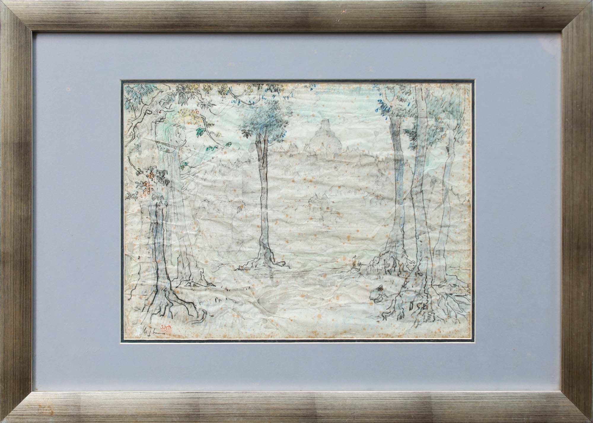 Artwork by Lee Man Fong, Borobudur, Made of Ink And Watercolour On Paper