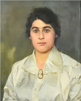 Shoulder length portrait of seated lady in silk blouse, wearing a cameo brooch - Innes Fripp