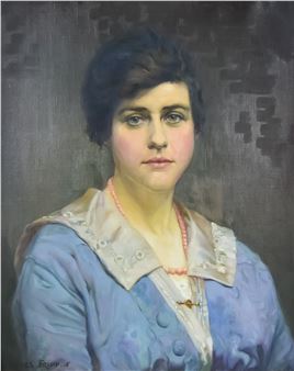 Shoulder length portrait of seated lady wearing high necked silk trimmed blue dress and graduated string of beads - Innes Fripp