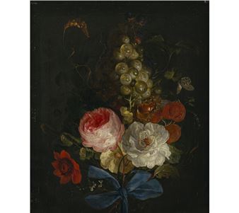 Fruits and flowers, hanging on a blue ribbon - Abraham Mignon